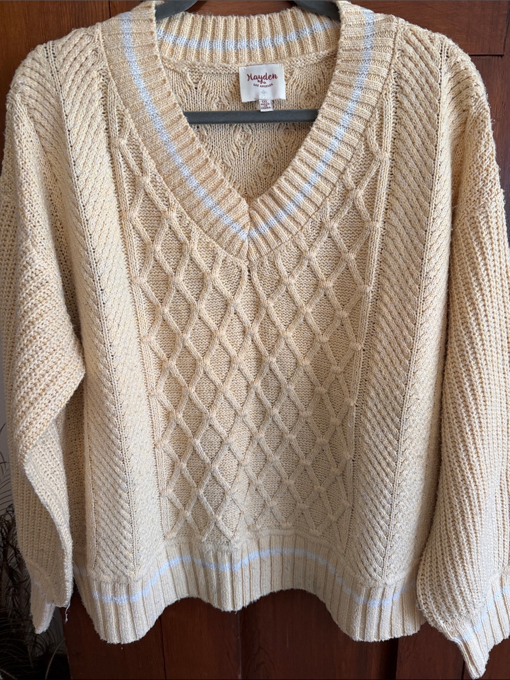 Hayden Beige Cable Knit V-Neck Sweater with White Trim
